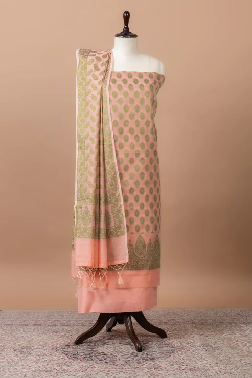 Chandni Chanderi Woven Suit, 3 pc set with plain bottom – Pink
