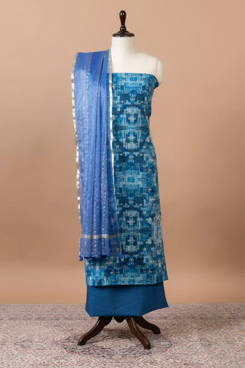 Tarang Printed Chanderi Suit with woven chanderi duppatta & plain bottom – Navy