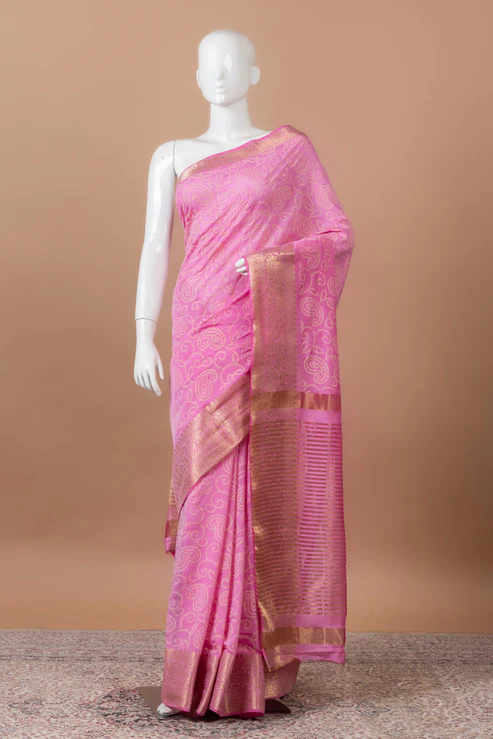 Kumud Banarasi Chanderi Silk Saree with bandhini print - Magenta