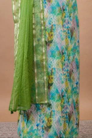 Kumud Printed Chanderi Suit with woven chanderi duppatta & plain bottom – Green