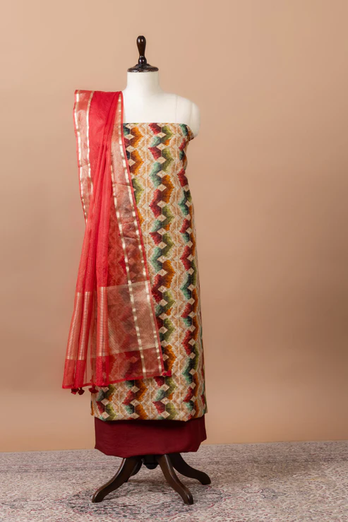 Rangrez Printed Chanderi Suit with chanderi duppatta & plain bottom - Rust