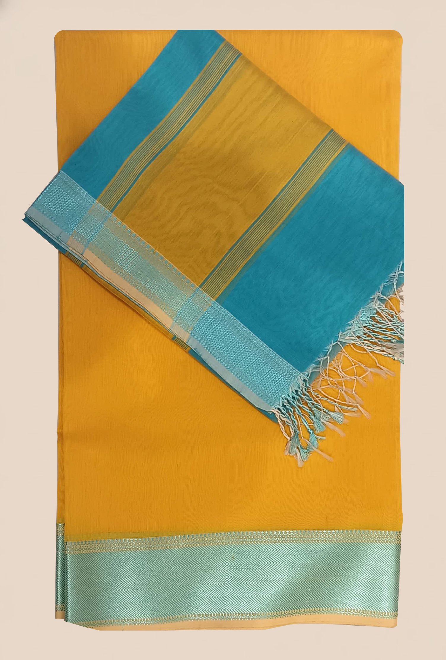 Maheshwari woven Suit 2 pcs - Mustard Yellow Kurta with Teal Blue & Mustard Dupatta - Image 5