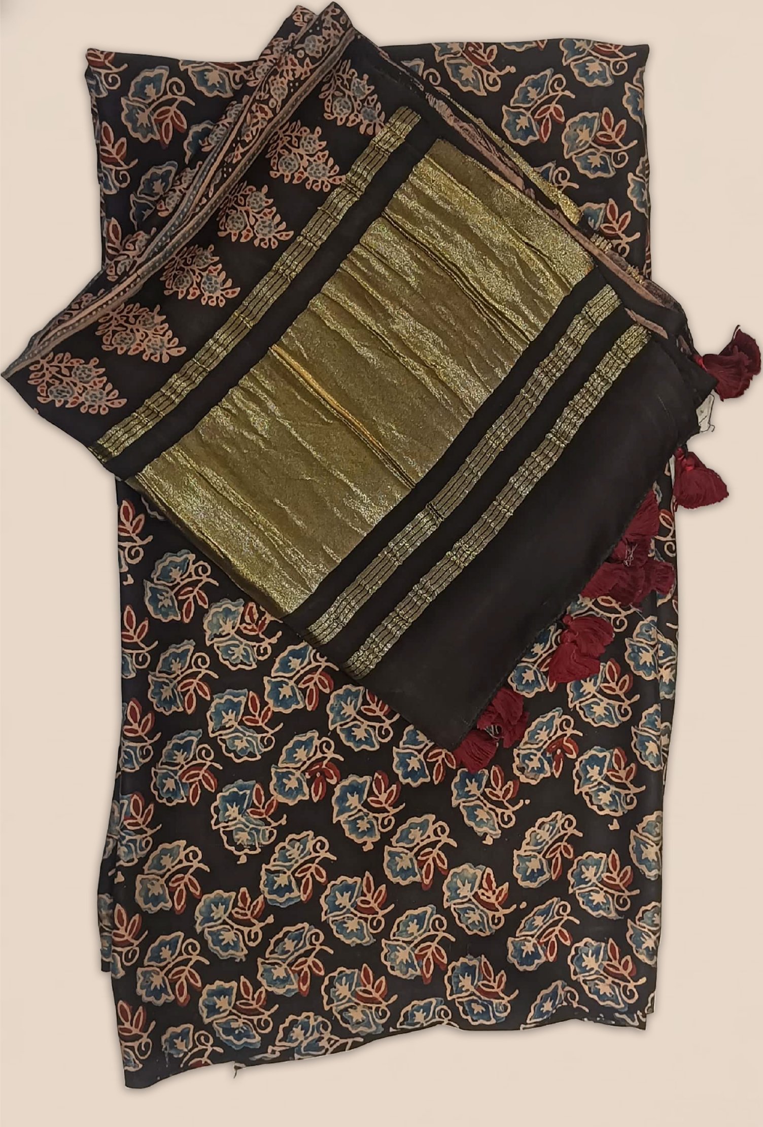 Modal Ajrak print Suit 2 pcs - Charcoal Black Kurta with Rust, Beige & Blue Ajrak Prints and Black-Gold Dupatta - Image 5