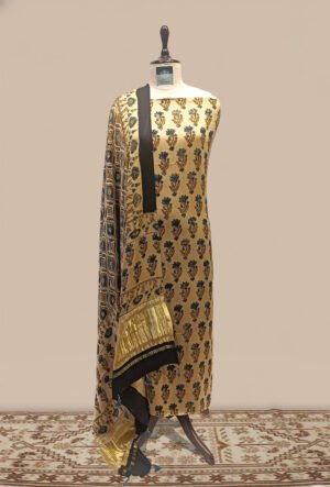 Modal Ajrak print Suit 2 pcs - Beige Kurta with Blue & Black Ajrak Print Dupatta and Gold Border