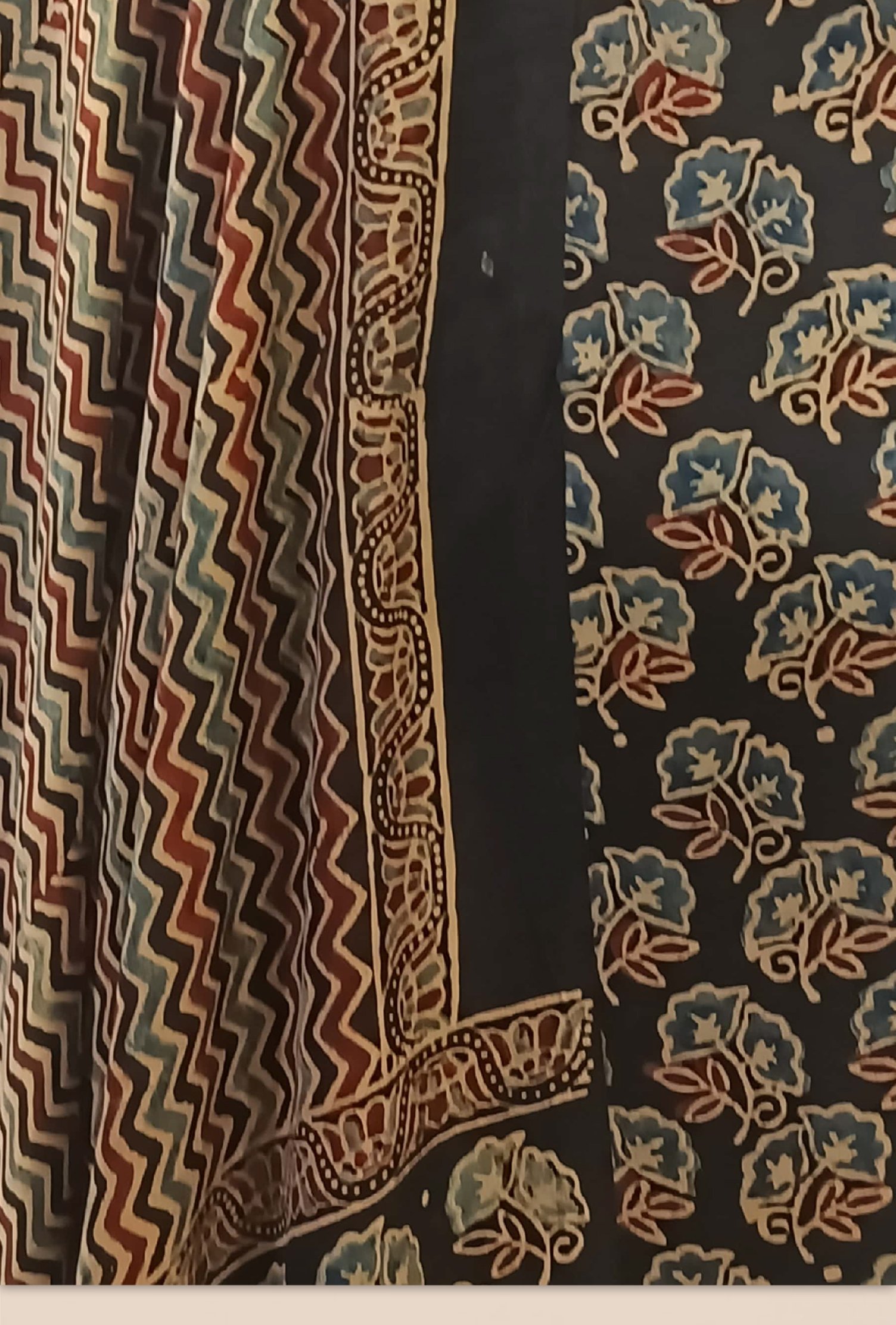 Modal Ajrak print Suit 2 pcs - Charcoal Black Kurta with Rust, Beige & Blue Ajrak Prints and Black-Gold Dupatta - Image 3