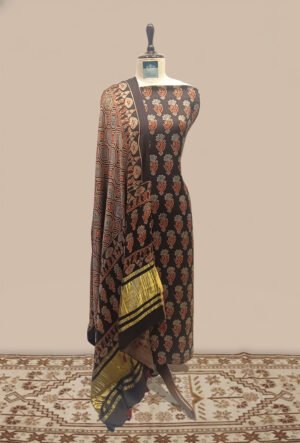 Modal Ajrak print Suit 2 pcs - Charcoal Black Kurta with Rust, Beige & Indigo Ajrak Print Dupatta with Gold Border