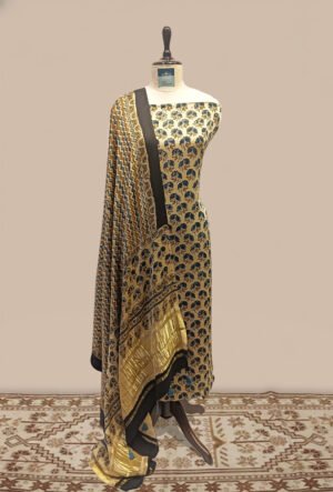 Modal Ajrak print Suit 2 pcs - Beige Kurta with Indigo Blue & Black Ajrak Print Dupatta with Gold Border