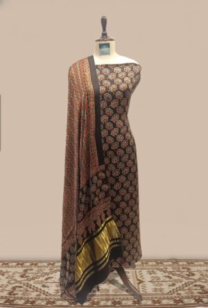 Modal Ajrak print Suit 2 pcs - Charcoal Black Kurta with Rust, Beige & Blue Ajrak Prints and Black-Gold Dupatta
