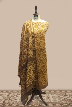 Maheshwari  woven Suit  2 pcs - Beige-Brown Kurta with Mustard, Olive & Gold Accents Dupatta