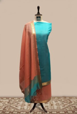 Maheshwari  woven Suit  2 pcs - Teal Blue Kurta with Rust-Copper & Gold Dupatta