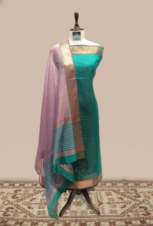 Maheshwari woven Suit 2 pcs - Teal Green Kurta with Lavender-Mauve, Teal & Gold Dupatta