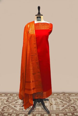 Maheshwari woven Suit 2 pcs - Crimson Red Kurta with Copper-Orange & Gold Dupatta