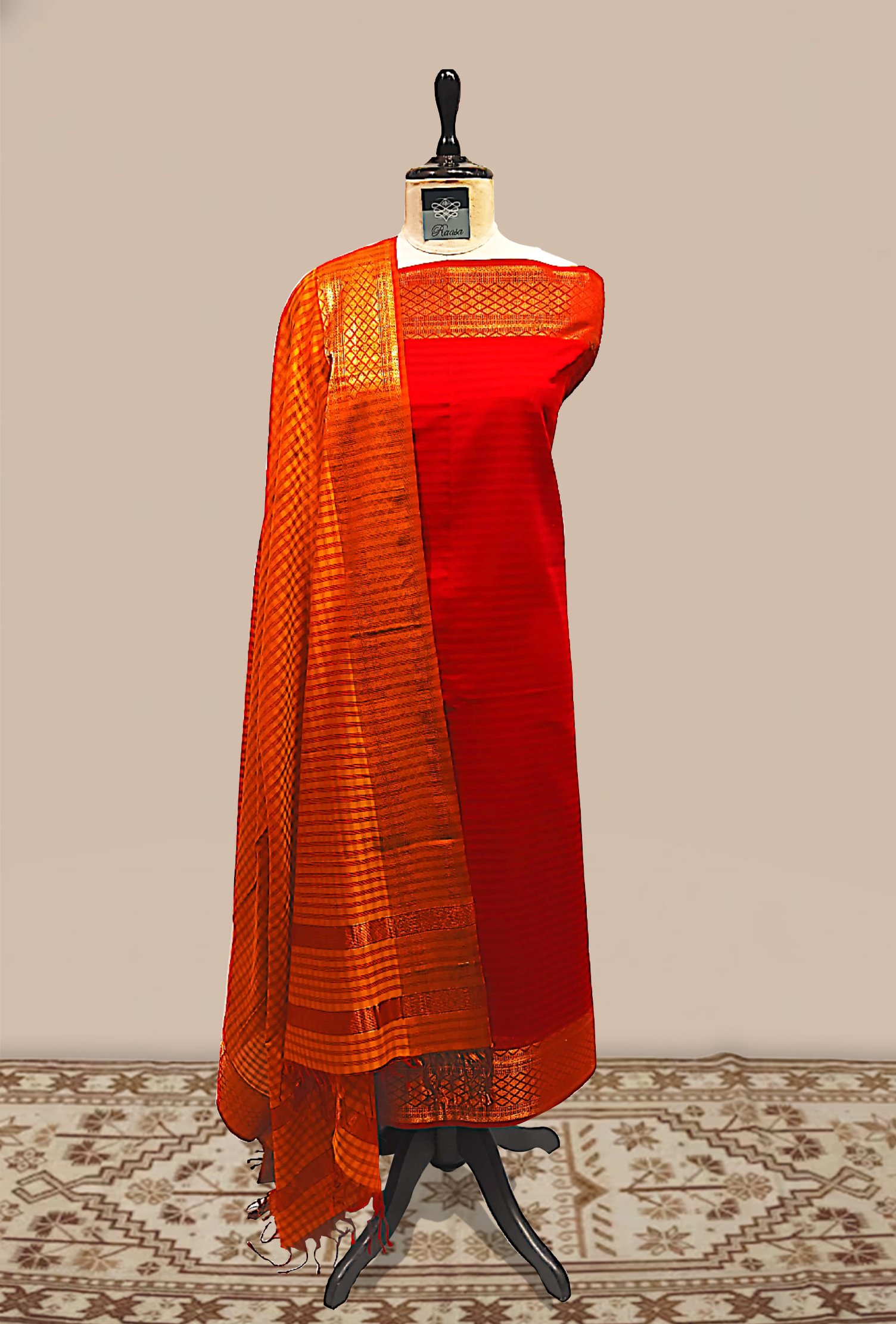 Maheshwari woven Suit 2 pcs - Crimson Red Kurta with Copper-Orange & Gold Dupatta