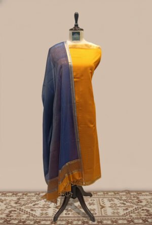 Maheshwari woven Suit 2 pcs - Mustard Yellow Kurta with Navy Blue & Mustard Dupatta