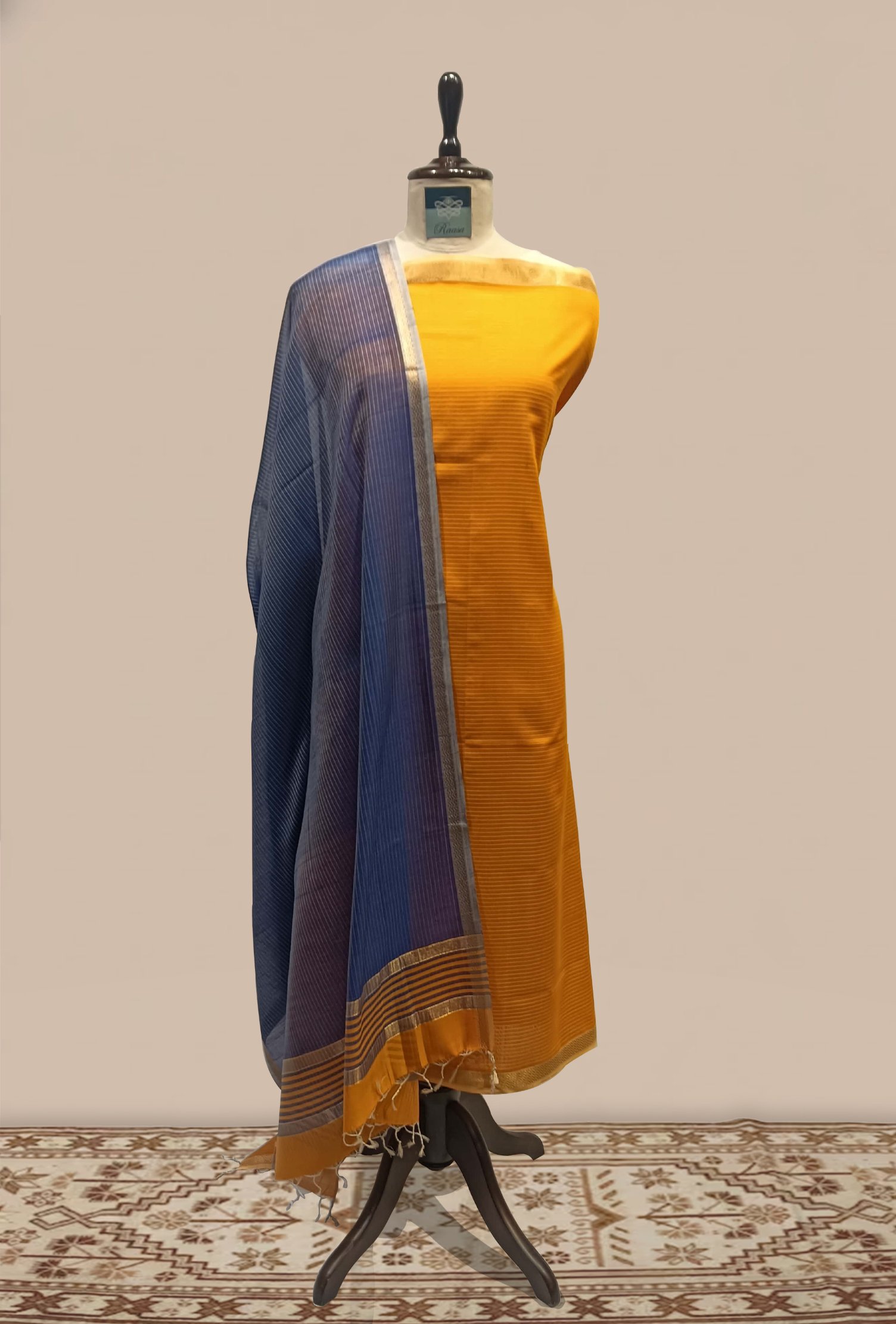 Maheshwari woven Suit 2 pcs - Mustard Yellow Kurta with Navy Blue & Mustard Dupatta