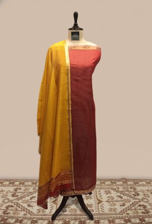 Maheshwari woven Suit 2 pcs - Maroon Kurta with Mustard Yellow & Maroon Dupatta