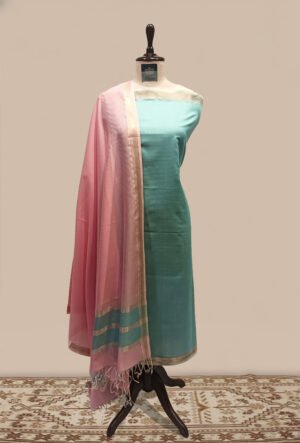 Maheshwari woven Suit 2 pcs - Sea Green–Teal Kurta with Blush Pink & Teal Dupatta