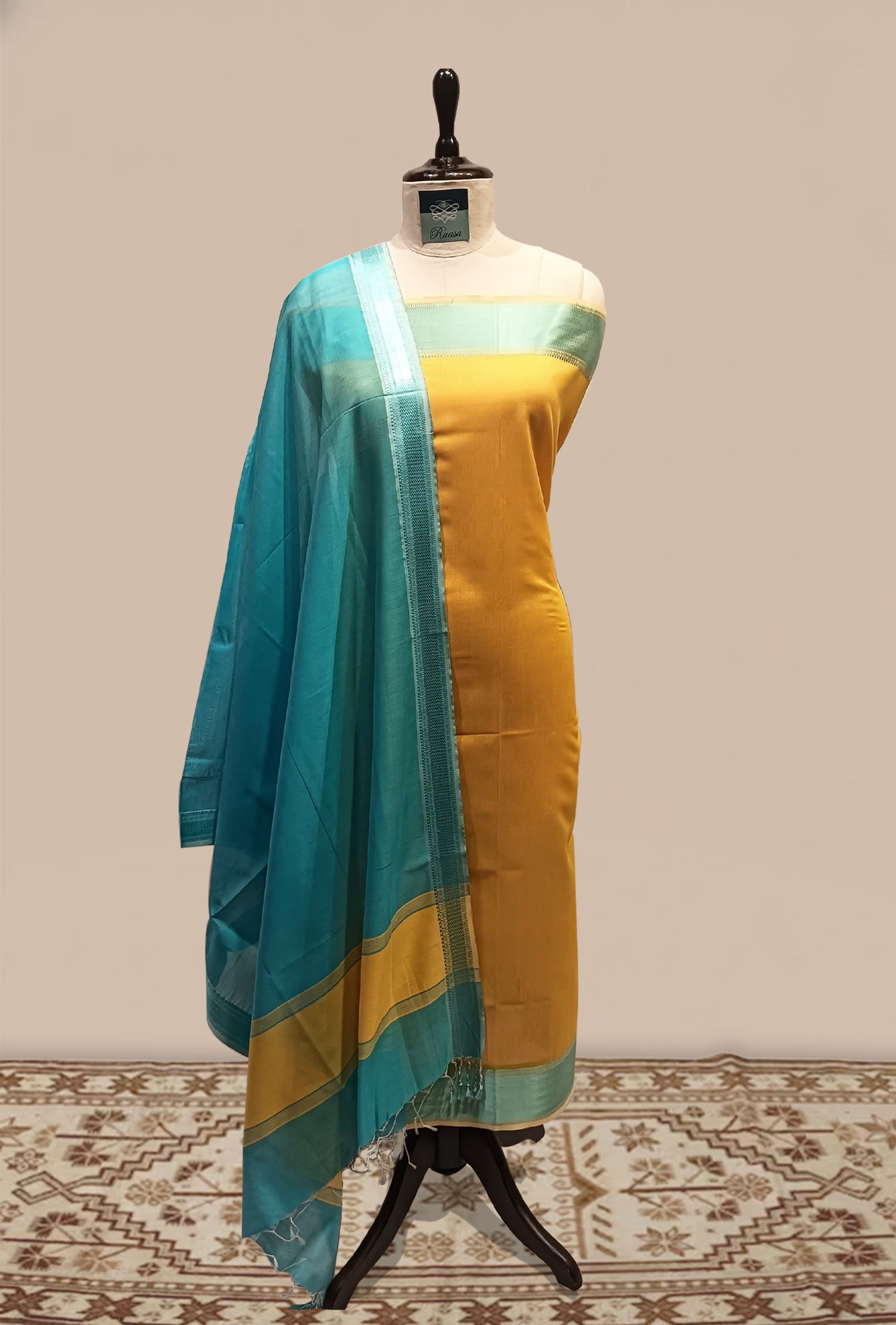 Maheshwari woven Suit 2 pcs - Mustard Yellow Kurta with Teal Blue & Mustard Dupatta