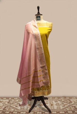 Maheshwari woven Suit 2 pcs - Mustard Yellow Kurta with Dusty Pink & Gold Dupatta