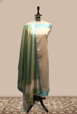 Maheshwari woven Suit 2 pcs - Beige-Cream Kurta with Sage Green & Aqua Blue Dupatta