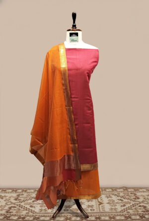 Maheshwari woven Suit 3 pcs - Maroon / Wine Kurta with Rust Orange & Gold Dupatta