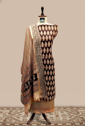 Maheshwari Tissue Suit 3 pcs - black, beige, cream, and subtle maroon accents