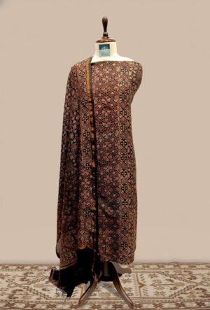 Maheshwari Ajrak print Suit 2 pcs - Coffee Brown & Black with Rust, Beige and Maroon accents