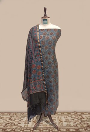 Maheshwari Ajrak print Suit 2 pcs - Steel Blue with Brown, Beige, Maroon & Black accents