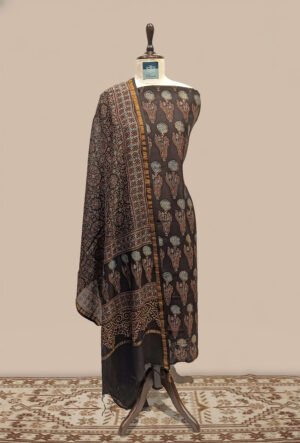 Maheshwari Ajrak print Suit 2 pcs - Charcoal Black with Beige, Brown & Soft Blue accents