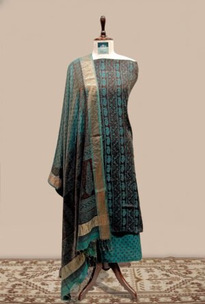 Maheshwari Tissue Suit 3 pcs - teal green and deep charcoal brown base