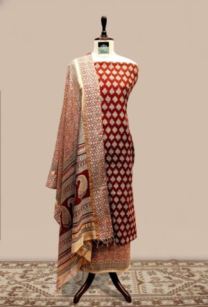 Maheshwari Tissue Suit 3 pcs - rust brown / deep maroon base