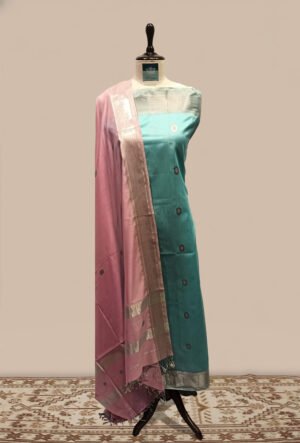 Maheshwari woven Suit 2 pcs - Teal Green Kurta with Dusty Mauve & Gold Dupatta
